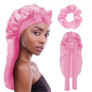 NEW! Long Braid Bonnet Satin Sleeping Cap Adjustable Tie Band Scrunchie Set Pink